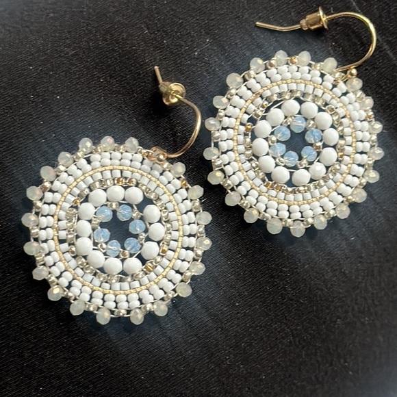 Bohemian Beaded Crystal Gem Boho Summer Vacation Hanging Earrings White and Gold - Picture 8 of 8